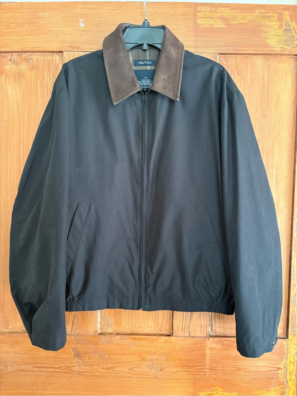 Nautica Black Bomber Jacket with Brown Leather Collar Zipper Pockets Medium M